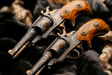 A pair of dueling pistols from the 18th century, with intricate engravings and wooden grips, placed on velvet