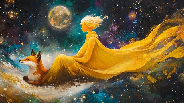 Celestial Journey: A Woman and Fox Soar Through the Cosmos