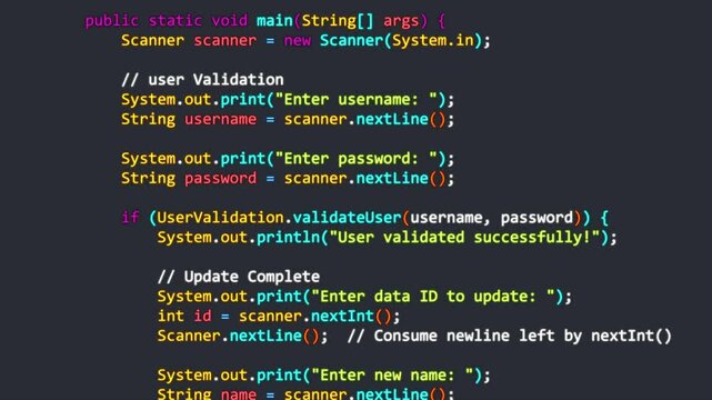 Programming code animation, animated scrolling source code suitable for software development illustrations and coding scenes.