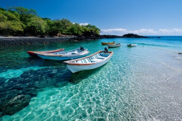 Naklejka premium A serene beach on Jeju Island, with black volcanic rocks, clear waters, and colorful fishing boats anchored nearby