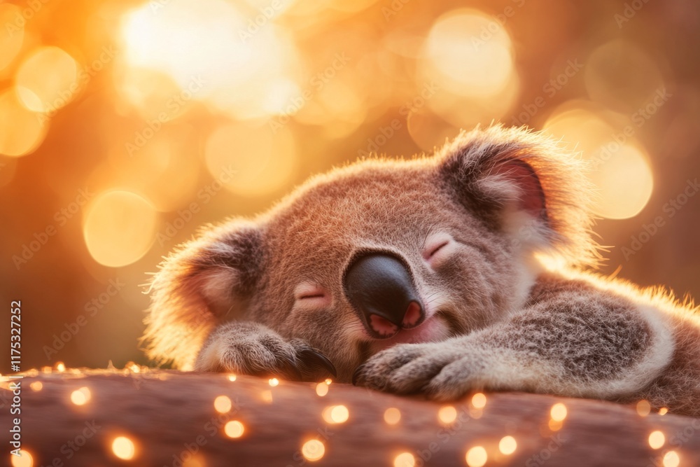 Aufkleber a serene koala resting on a tree branch at sunset, with warm orange light creating a dreamy atmosphe