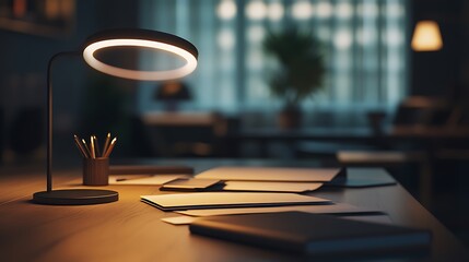 Obraz premium Modern Desk Lamp Illuminates Evening Workspace Documents