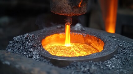 Molten metal pouring into a crucible during industrial casting process.