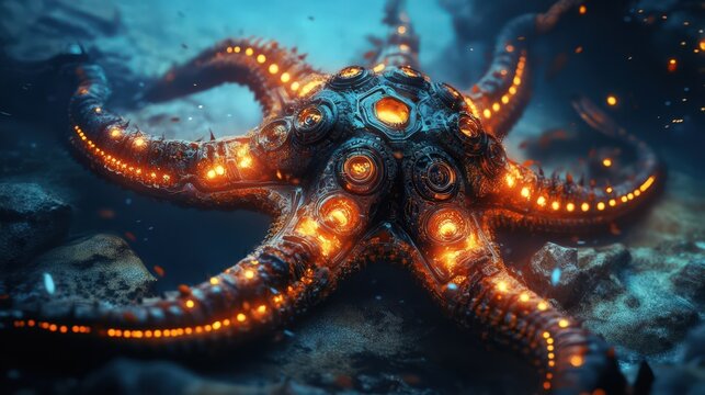 Glowing Mechanical Octopus Rests on Ocean Floor