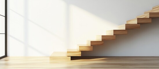 Naklejka premium Wooden staircase in a modern interior with sunlight.