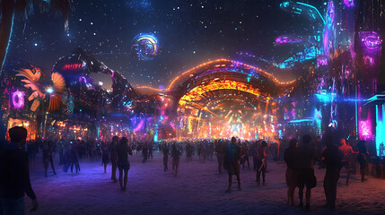 Obraz premium A lively music festival in the desert, neon lights and a crowd dancing under the stars1