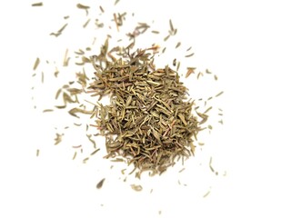 Dried pieces of rosemary on a white background.