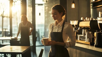 Fototapeta premium Young Barista Serving Coffee In A Sunny Cafe