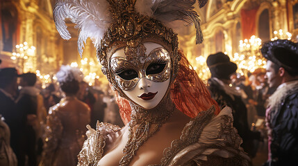 A masquerade ball in a grand ballroom, attendees dressed in elegant costumes and intricate masks1