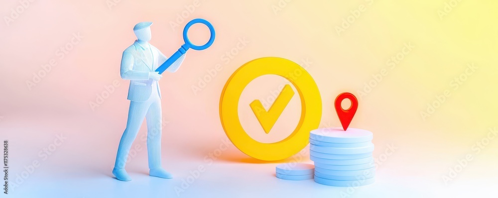 Poster a digital illustration showing a figure holding a magnifying glass, next to a checkmark and a locati