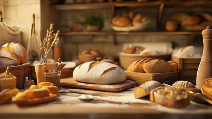 A small homemade bakery factory with dough being kneaded by hand, and freshly baked bread and pastries in the background.