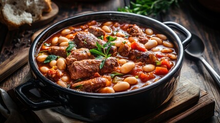 Fototapeta premium Bean stew with meat and vegetables in a rustic pot. Cassoulet
