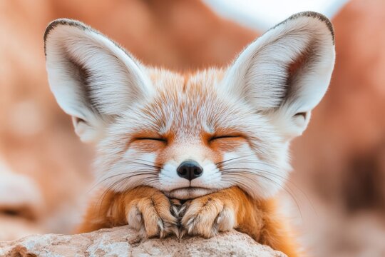 A realistic depiction of a fennec fox resting in the shade of a rock, with its large ears standing out