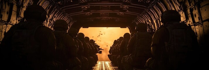 Silhouetted soldiers inside a military aircraft, facing a bright sunset.