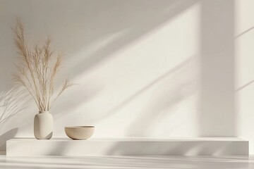 Sunlit Minimalist Still Life: Dried Flowers in Vase, Bowl on Shelf, Aesthetic Home Decor