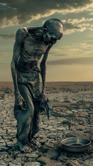 Emaciated Figure in Barren Landscape Illustrates the Stark Reality of Hunger and Food Insecurity