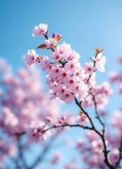 Fototapeta premium Pink sakura flowers blooming against a spring blue sky.