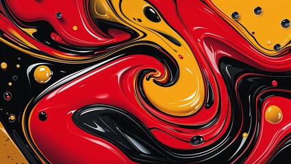 Abstract Swirling Liquid Art in Bold Red, Black, and Yellow Colors with Glossy Finish