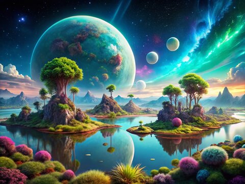 Surreal Kepler-452b: Alien Landscape with Floating Islands and Bioluminescent Flora
