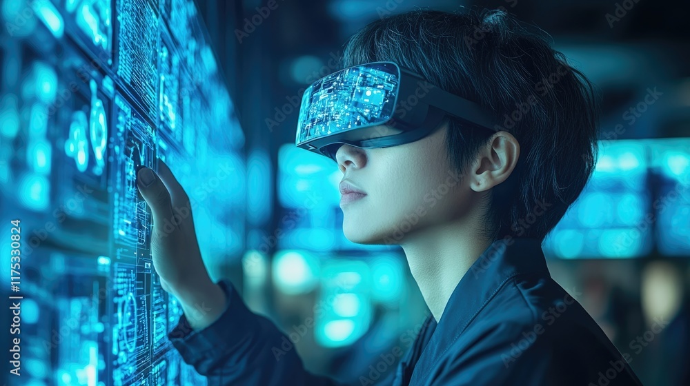 Poster a person wearing vr glasses interacts with a digital display. this technology can be applied to data