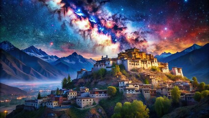 Fototapeta premium Surreal Ladakh: Thiksey Monastery Floating in a Starry Sky