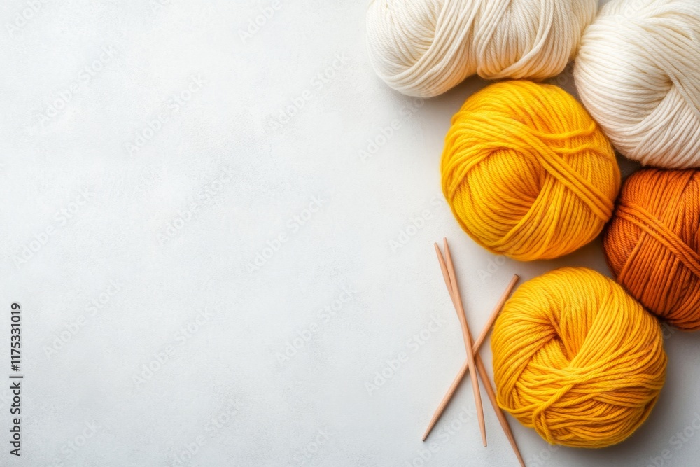Poster a single ball of yarn with a pair of knitting needles on a white background, featuring simple colors