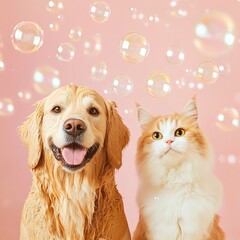 dog and cat Wellness and Spa Cute dog and cat enjoying playful bubbles.