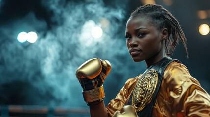 Empowered female boxer with championship belt, ready for match