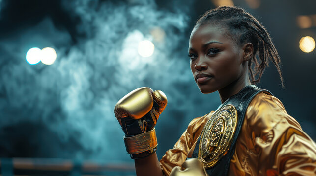 Empowered female boxer with championship belt, ready for match