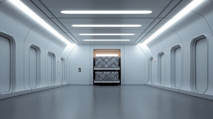 Obraz premium Cargo management ensures secure transportation. Minimalistic futuristic interior with illuminated walls and furniture.