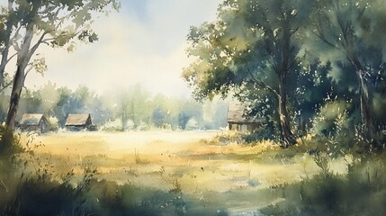 Obraz premium Serene Summer Landscape: Watercolor Painting of Rustic Cabins in a sun-drenched field