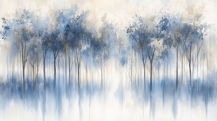 Serene Blue Forest: A Misty Watercolor Landscape