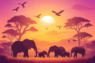 Fototapeta premium Silhouettes of elephants and acacia trees dominate a sunset scene in Africa