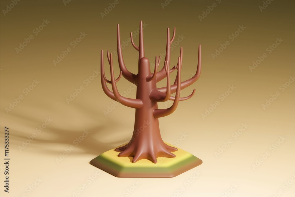 Poster stylized 3d model of a leafless tree, possibly a jewelry holder, with a hexagonal base.