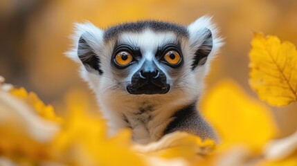 Obraz premium Ring-tailed lemur portrait amidst autumn leaves.