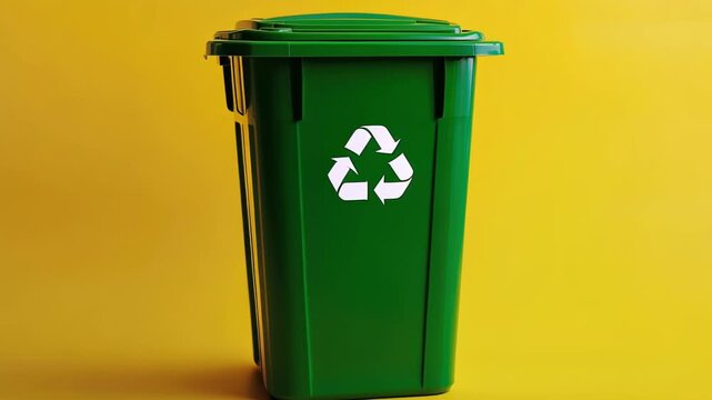 Green Recycle bin with recycle sign on yellow background rotating ecology climate change