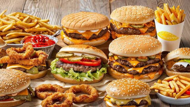 Hamburger onion rings ketchup fries junk food american fast food