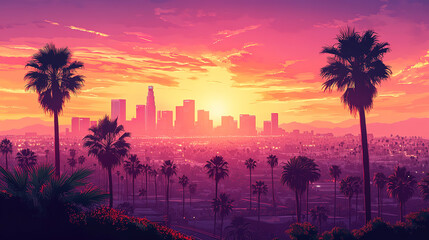 Fototapeta premium Stunning Sunset Over Los Angeles Skyline and Palm Trees