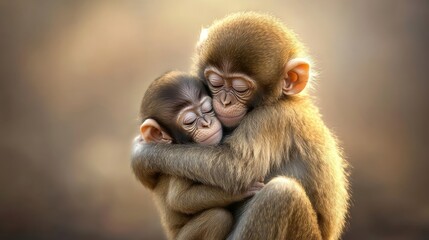 Obraz premium Showing love and emotions in animals: a baby chimpanzee with her mother