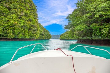 View from a boat of an emerald green lagoon with lush vegetation