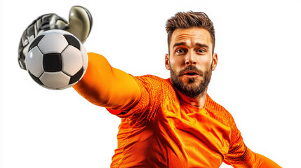 Diving goalkeeper in bright uniform making intense save against ball