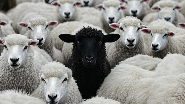Black sheep among white sheep agriculture livestock wool countryside domestic farming