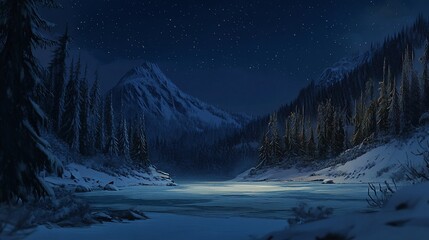Enchanted Winter Night: A Serene Mountain Lake Under Starlit Sky