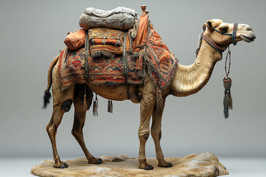 A Loaded Camel Stands on Desert Sand