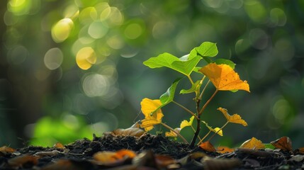 Vibrant Young Plant Growing in Natural Forest Setting with Beautiful Bokeh Light Creating a Peaceful and Inviting Atmosphere for Nature Lovers