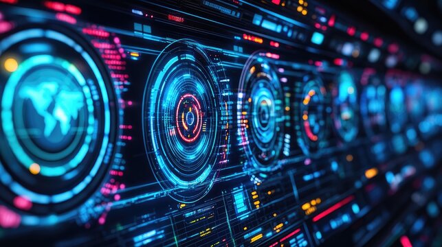 Futuristic glowing blue and red digital interface with circular displays and world map. Ideal for technology presentations or sci-fi backgrounds.