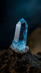 Aquamarine crystal standing elegantly on a dark rock base, showcasing its pale blue and clear facets in a soft lighting environment