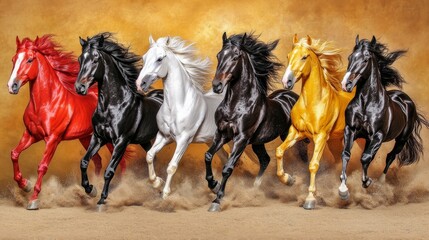 Obraz premium Wild Horse Run: A magnificent scene of seven horses galloping across a sandy environment, their manes and tails waving in the wind. This powerful image symbolizes freedom and pure beauty