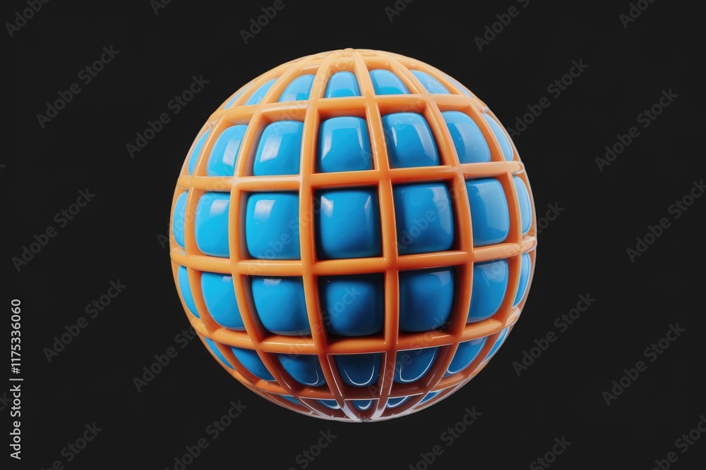 Poster A 3D rendered sphere with blue segments encased in an orange grid.