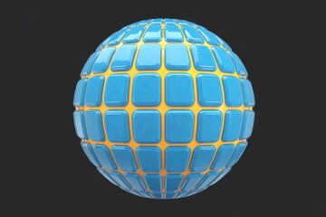 Obraz premium A 3D render of a sphere composed of numerous glossy, light blue square tiles with yellow grout lines.